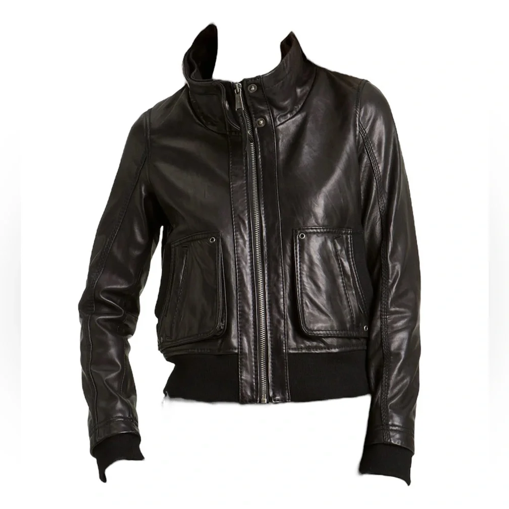 MICHAEL MICHAEL KORS Genuine Leather Knit Trim Bomber Jacket in Black